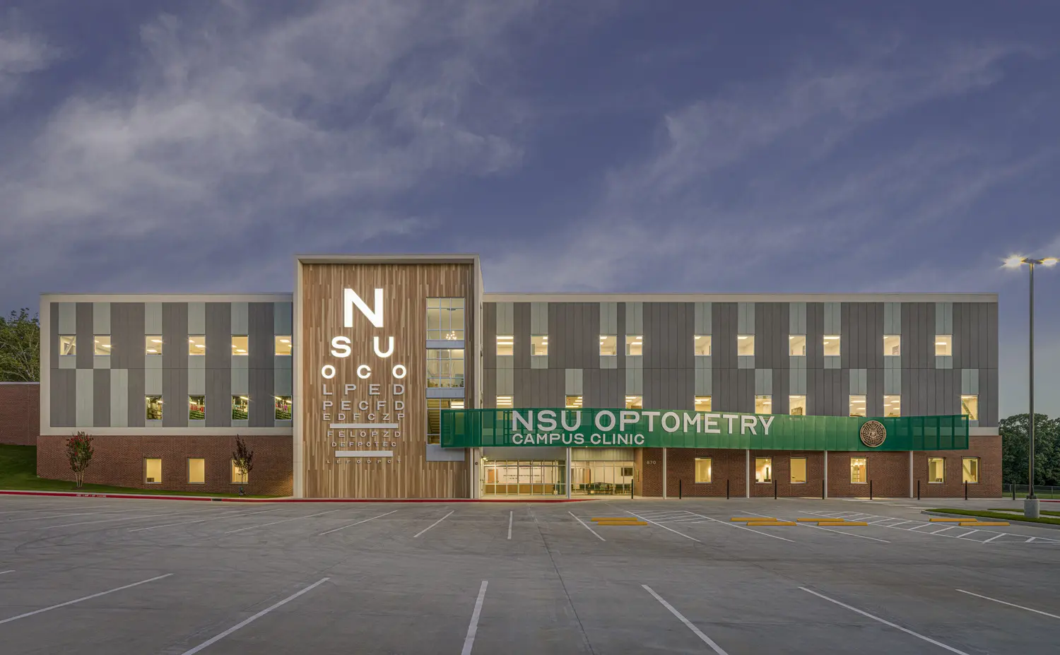 The NSU Optometry campus clinic at dusk